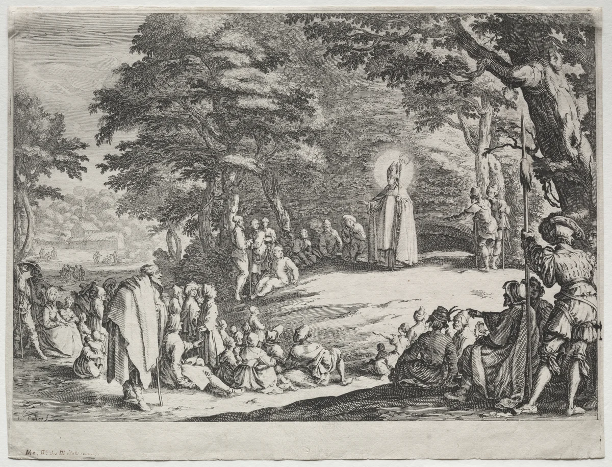 St. Amo Preaching in a Wood by Jacques Callot, print, 1616-1632