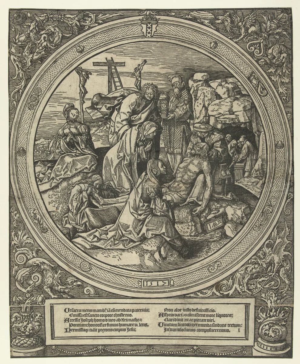 Bewening en graflegging van Christus by Unknown, print, 1517