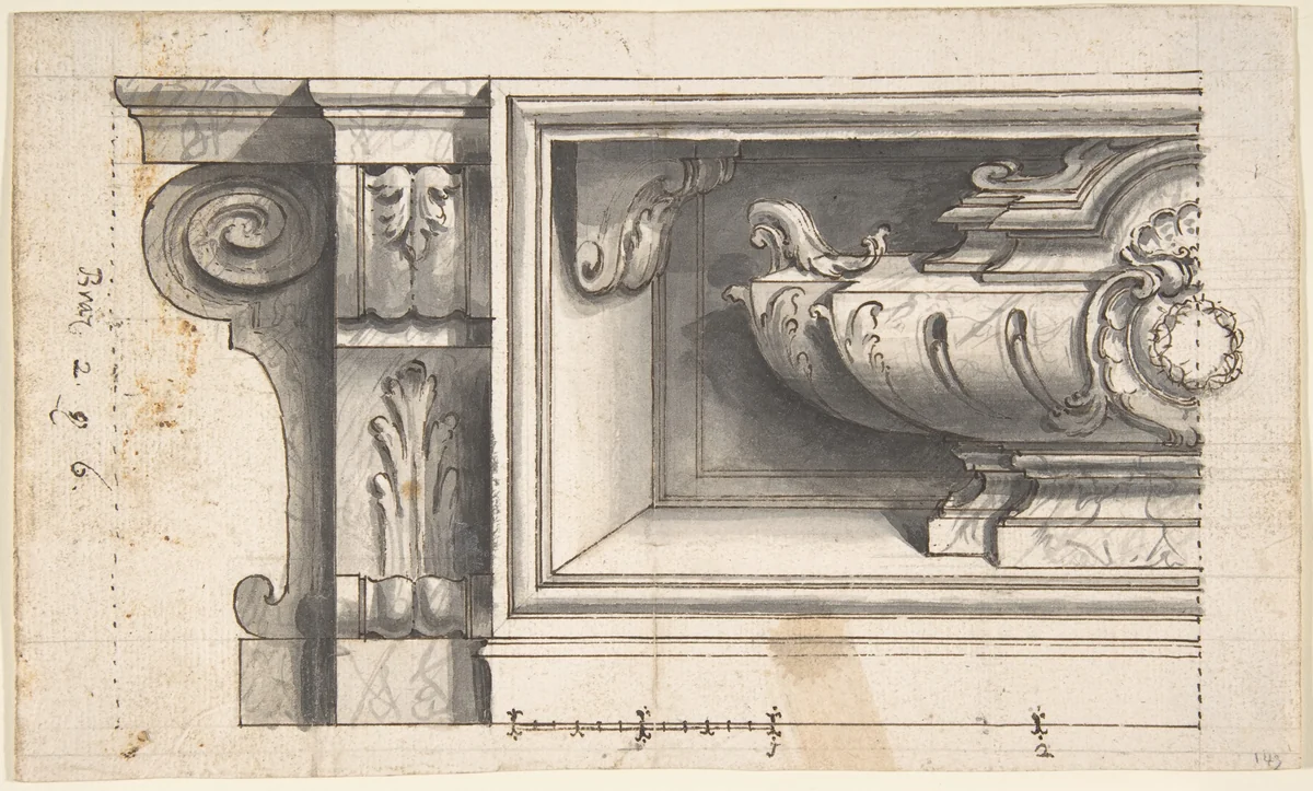 Design for a Sarcophagus or an Urn in a Niche by anonymous, drawing, 1700-1780
