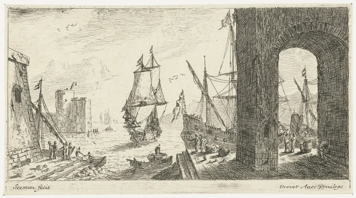 Grote boog op de kade van een haven by anonymous, print, 1650-1738