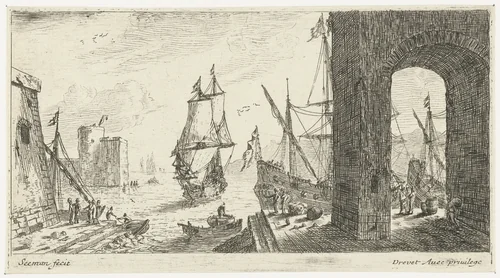 Grote boog op de kade van een haven by anonymous, print, 1650-1738