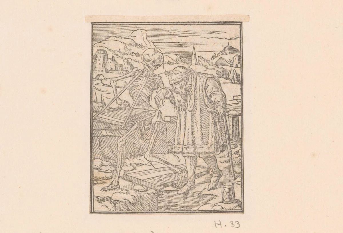Oude man met de Dood by anonymous, print, 1547
