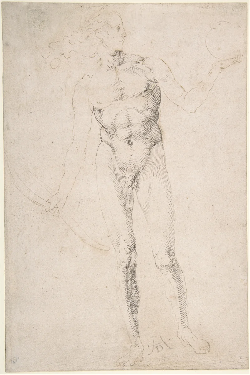 Standing Male Nude Holding a Bow ("Poynter Apollo") by Albrecht Dürer, drawing, 1501-1503