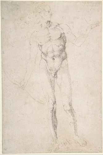 Standing Male Nude Holding a Bow ("Poynter Apollo") by Albrecht Dürer, drawing, 1501-1503