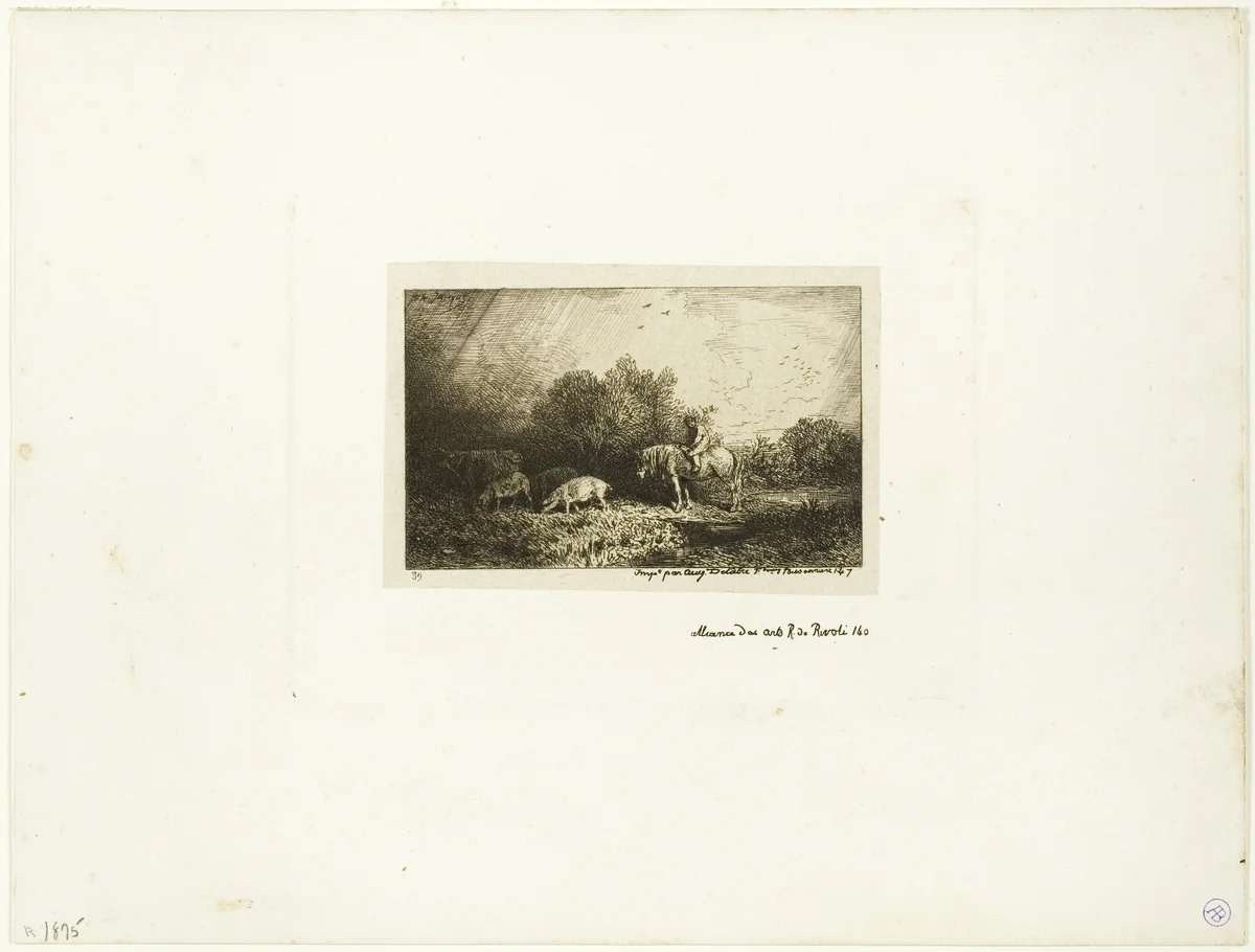 Landscape with Man on Horseback, Pigs and Cow by Charles-Émile Jacque, print, 1833-1894