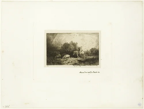Landscape with Man on Horseback, Pigs and Cow by Charles-Émile Jacque, print, 1833-1894