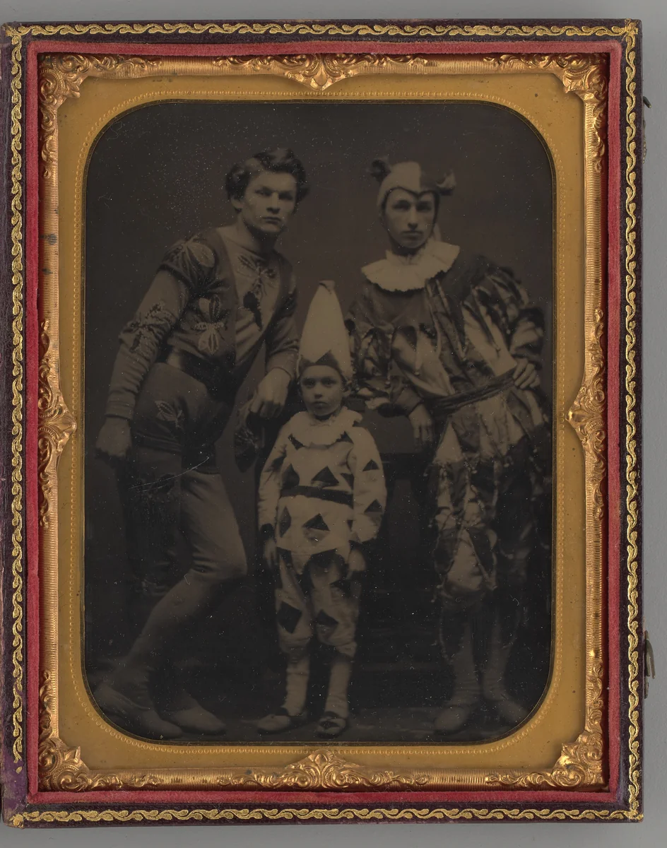 Untitled (Portrait of two Men and one Boy, Dressed in Clown Costumes) by Unknown maker, other, 1865