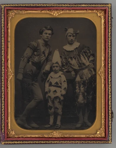 Untitled (Portrait of two Men and one Boy, Dressed in Clown Costumes) by Unknown maker, other, 1865