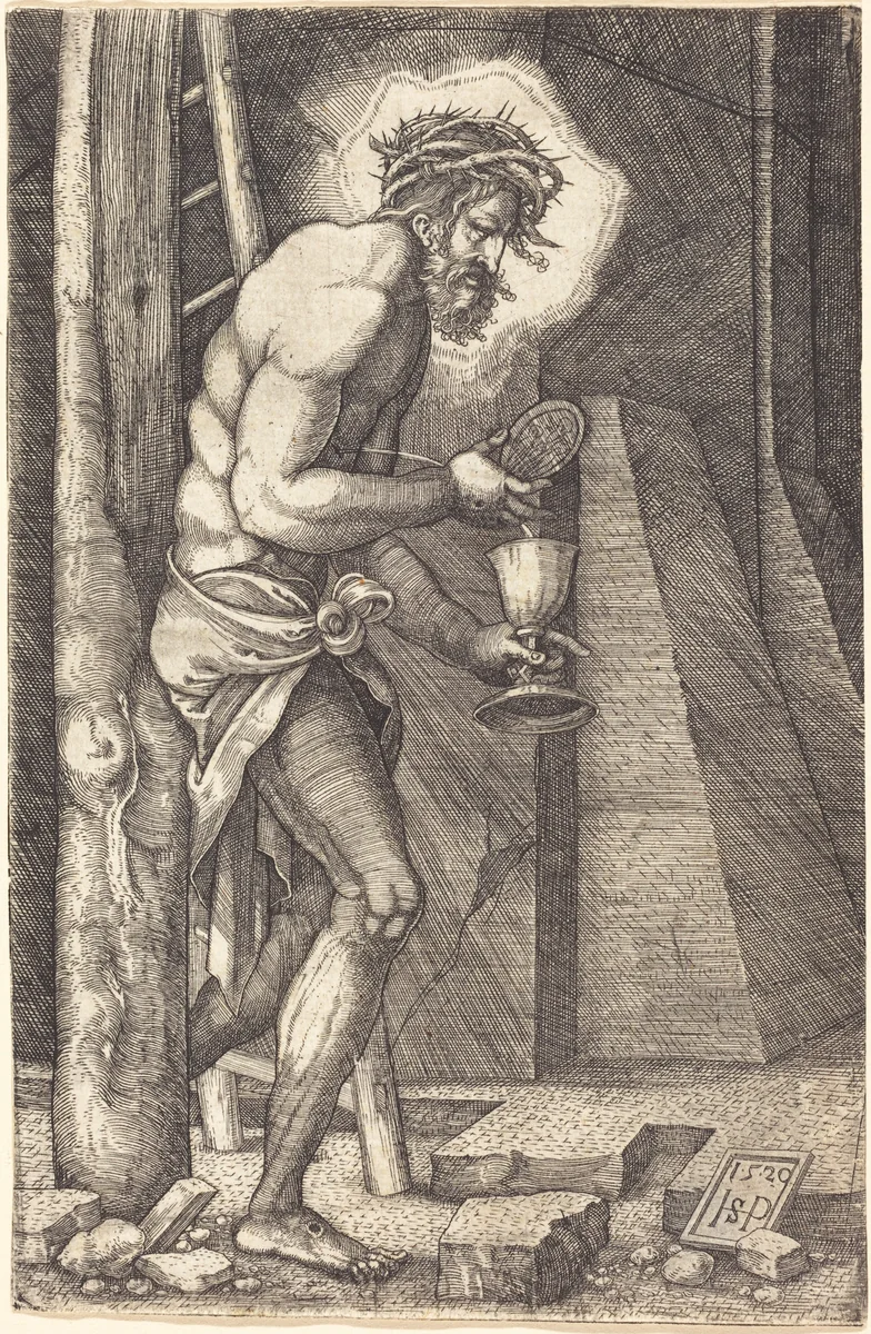Christ as Man of Sorrows at the Foot of the Cross by Sebald Beham, print, 1520