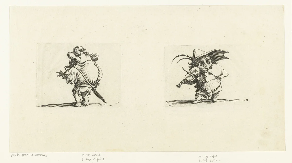 Kleine mens (karikatuur) met zwaard, een knopenrij op de rug; kleine mens (karikatuur) met viool en zwaard by Abraham Bosse, print, 1621-1676