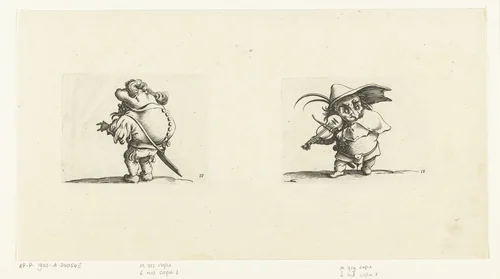 Kleine mens (karikatuur) met zwaard, een knopenrij op de rug; kleine mens (karikatuur) met viool en zwaard by Abraham Bosse, print, 1621-1676