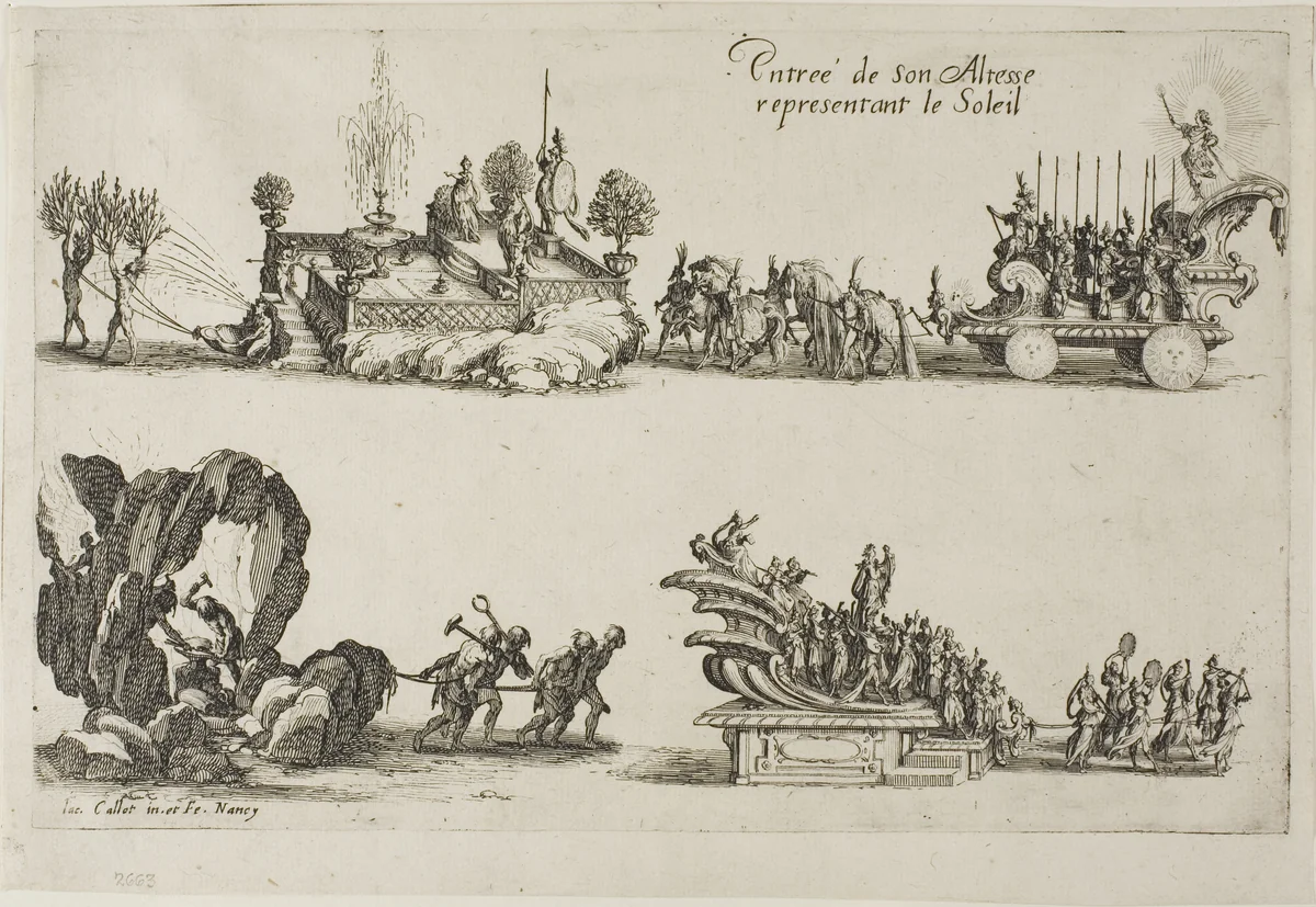 Entry of His Highness, Representing the Sun, from The Combat at the Barrier by Jacques Callot, print, 1627