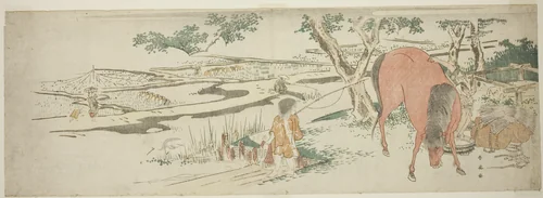 Rural Scene in Early Summer: Peasants Transplanting Rice and a Man Washing a Horse by Katsukawa Shun'ei (勝川春英), print, 1795-1799
