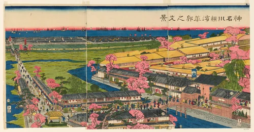 Panoramic View of the Pleasure Quarters in Yokohama, Kanagawa (Kanagawa Yokohama hanakuruwa no kokei) by Utagawa Sadahide, print, 1860