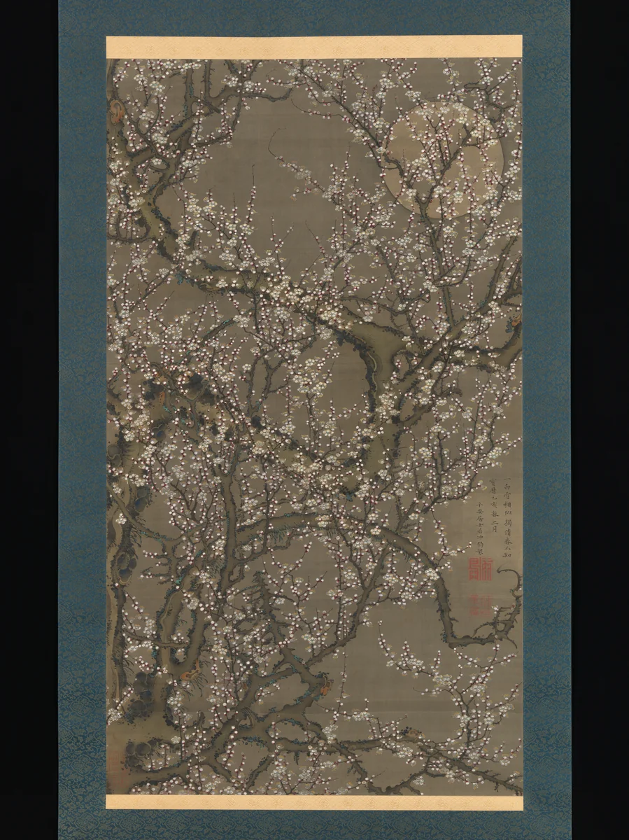 White Plum Blossoms and Moon by Itō Jakuchū (伊藤若冲), painting, 1755