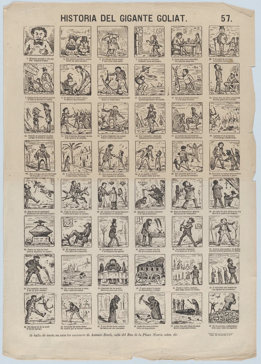 Broadside with 24 scenes relating the story of Goliath the Giant by Antonio Bosch, print, 1855-1865