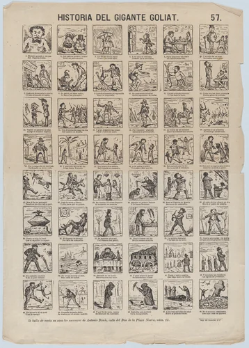 Broadside with 24 scenes relating the story of Goliath the Giant by Antonio Bosch, print, 1855-1865