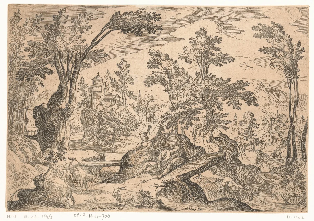 Landschap met rustende herders by Unknown, print, 1593-1619
