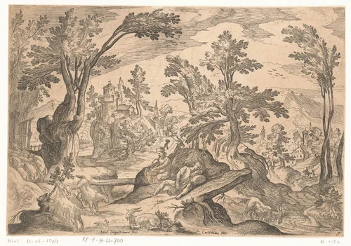 Landschap met rustende herders by Unknown, print, 1593-1619