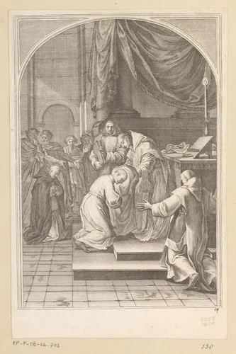 Heilige Bruno verstrekt het habijt van de orde by François Chauveau, print, 1623-1676
