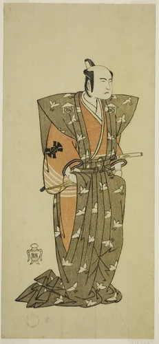The Actor Bando Mitsugoro I as Soga no Juro Sukenari (?) in the Play Shuen Soga Omugaeshi (?), Performed at the Ichimura Theater (?) in the Second Month, 1768 (?) by Katsukawa Shunsho (勝川 春章), print, 1763-1773