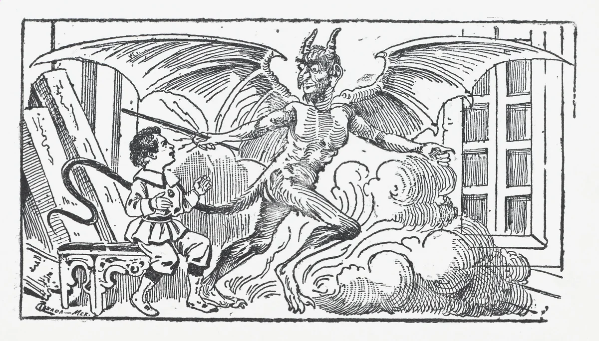 A young boy cowering from a demon, illustration from 'El cuento Nniño de los dulces' by José Guadalupe Posada, print, 1875-1885