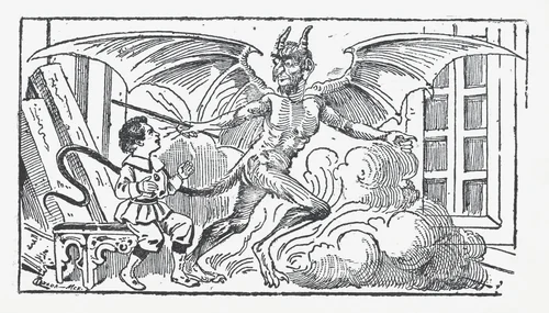 A young boy cowering from a demon, illustration from 'El cuento Nniño de los dulces' by José Guadalupe Posada, print, 1875-1885