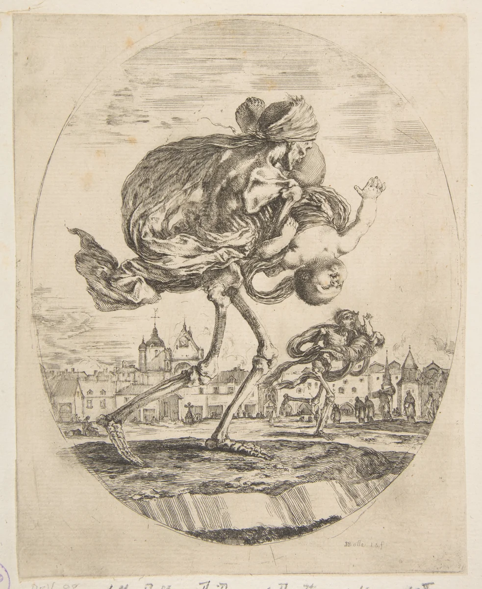Death carrying an infant, from "The five deaths" (Les cinq Morts) by Stefano della Bella, print, 1643-1653