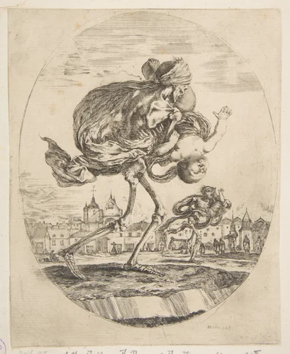 Death carrying an infant, from "The five deaths" (Les cinq Morts) by Stefano della Bella, print, 1643-1653