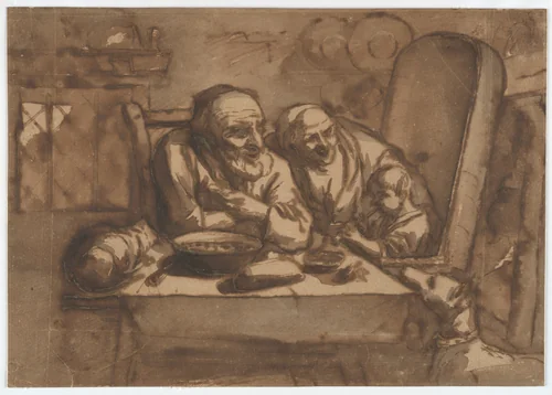 Old Couple with a Child Playing a Pipe by Jacob Jordaens, drawing, 1771-1800