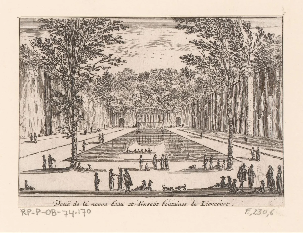 Gezicht op waterpartij en zeventien fonteinen van Rochefoucauld by Israël Silvestre, print, 1631-1691