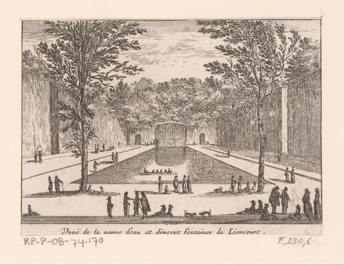 Gezicht op waterpartij en zeventien fonteinen van Rochefoucauld by Israël Silvestre, print, 1631-1691
