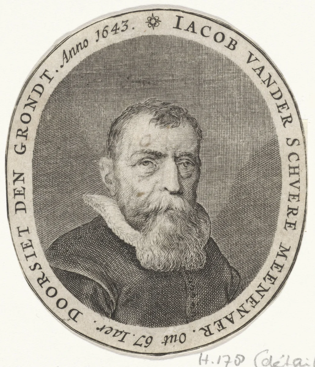 Portret van Jacob van der Schuere, schoolmeester en wiskundige by Salomon Savery, print, 1643