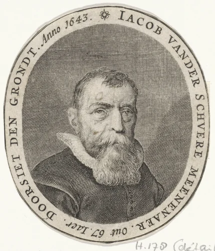 Portret van Jacob van der Schuere, schoolmeester en wiskundige by Salomon Savery, print, 1643