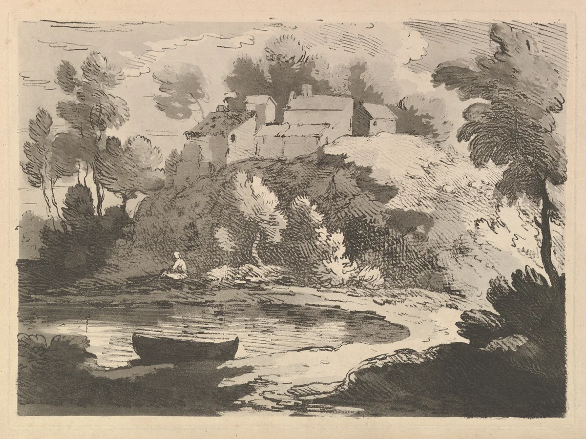 Hilly River Landscape, a Boat in the Water at Foreground Left, a Figure on the Far Shore, Houses on a Wooded Hill Beyond by Thomas Rowlandson, print, 1783-1784
