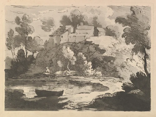 Hilly River Landscape, a Boat in the Water at Foreground Left, a Figure on the Far Shore, Houses on a Wooded Hill Beyond by Thomas Rowlandson, print, 1783-1784