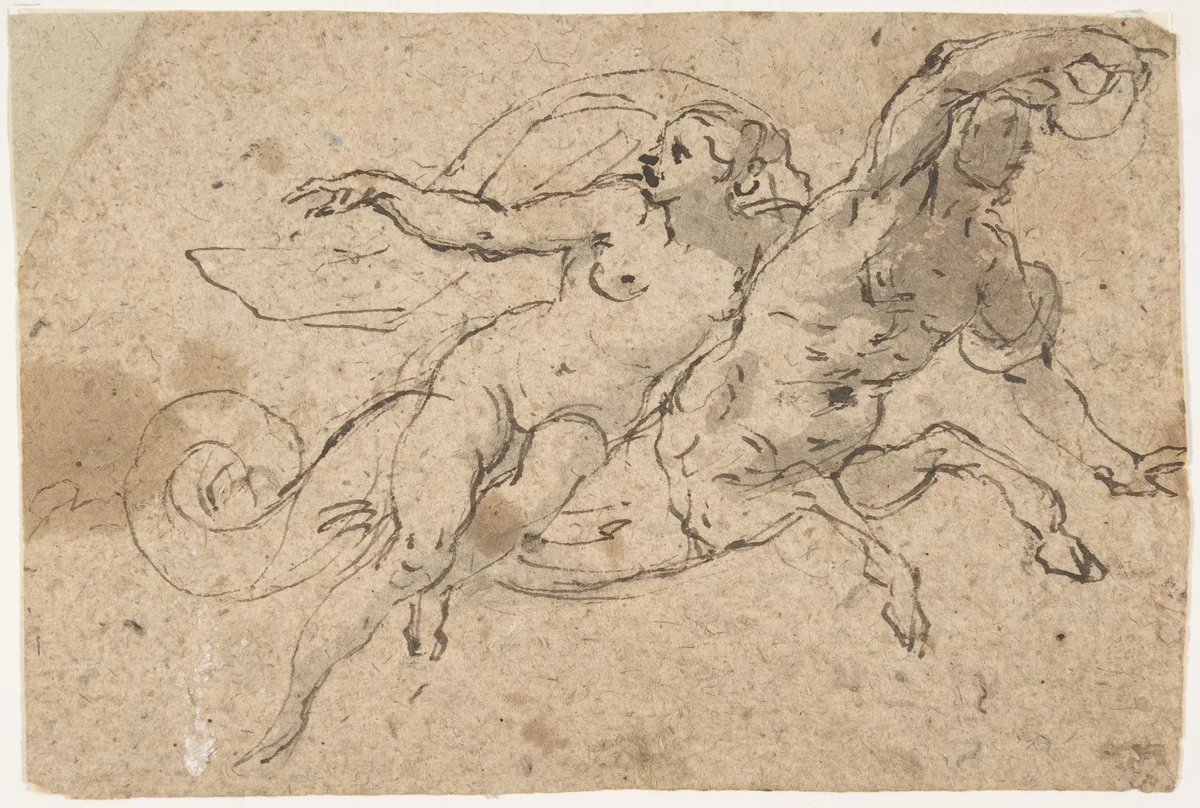 Nude Female Riding on a Triton's Back by Micco Spadaro, drawing, 1612-1675