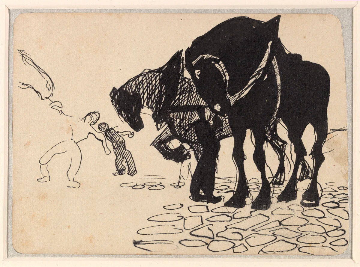 Three Horses Tended by Men; Stone Pavement (recto); Horses and Figures in a Landscape (verso) by Umberto Boccioni, drawing, 1910