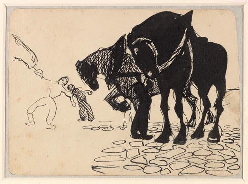 Three Horses Tended by Men; Stone Pavement (recto); Horses and Figures in a Landscape (verso) by Umberto Boccioni, drawing, 1910