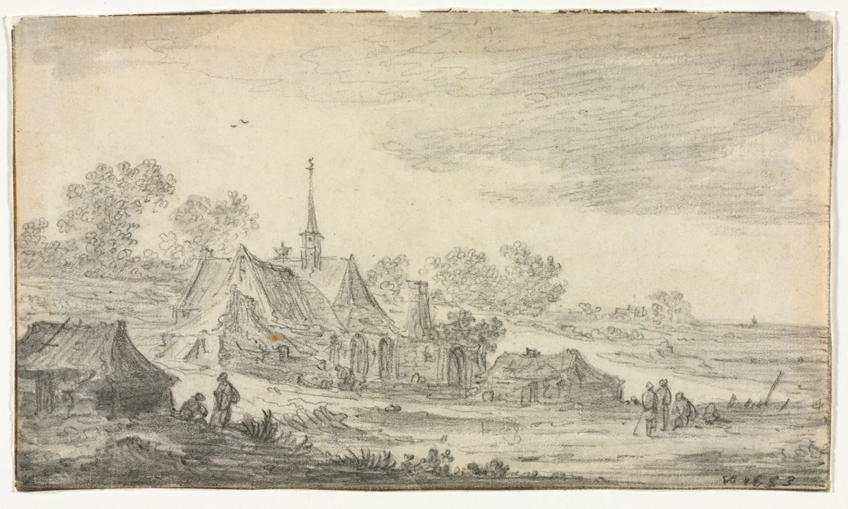 Group of Buildings on a Seashore by Jan van Goyen, drawing, 1653