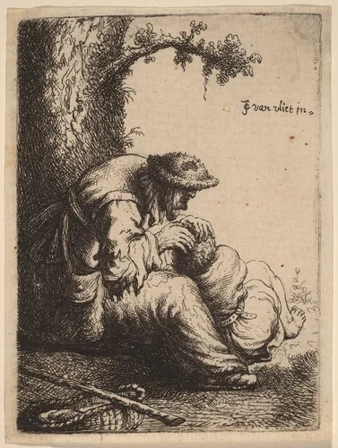 Beggar Woman Fleaing a Boy by Johannes van Vliet, print, 1632