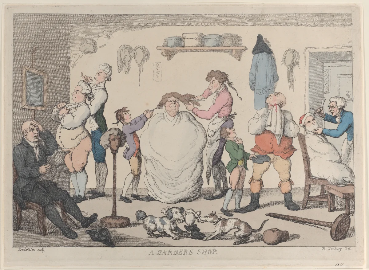 A Barber's Shop by Thomas Rowlandson, print, 1811