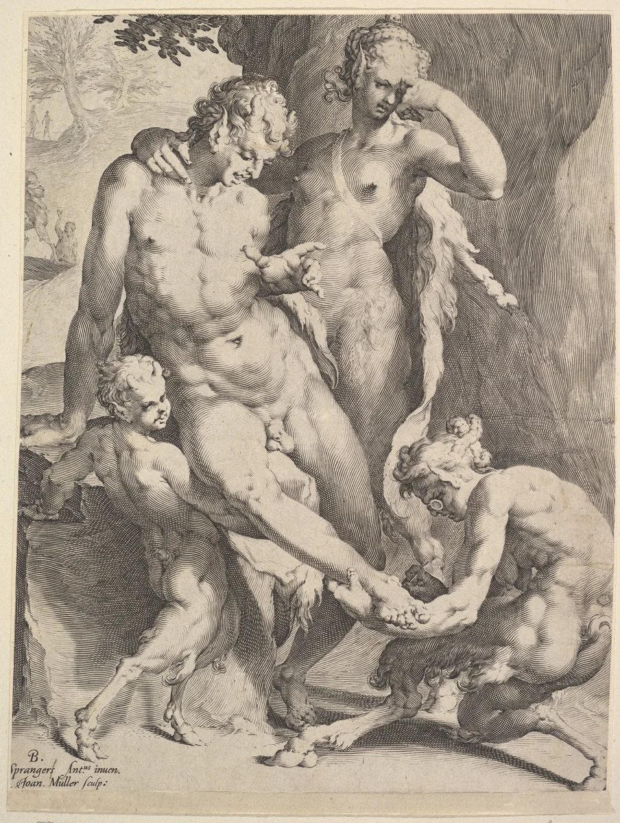 Oreads Removing a Thorn from a Satyr's Foot by Jan Muller, print, 1590