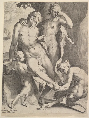 Oreads Removing a Thorn from a Satyr's Foot by Jan Muller, print, 1590