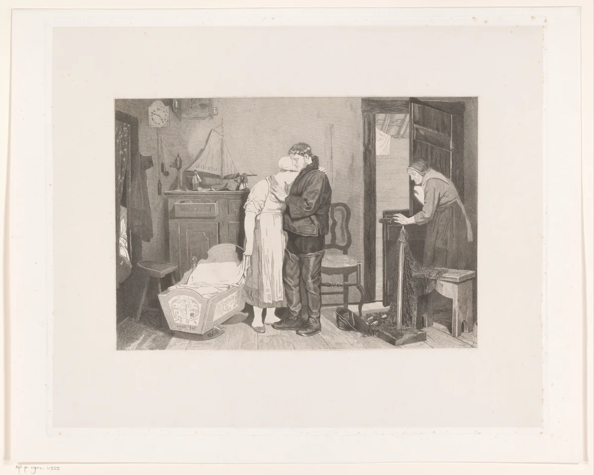 Vissersinterieur met treurend koppel bij een lege wieg by François de Meersman, print, 1882-1884