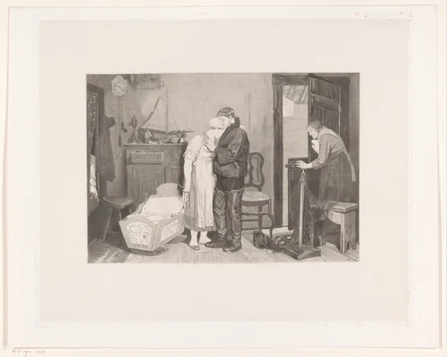 Vissersinterieur met treurend koppel bij een lege wieg by François de Meersman, print, 1882-1884