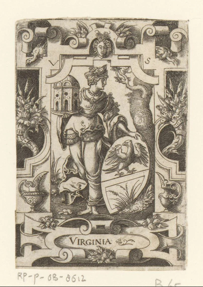Virginia met wapenschild in rolwerk omlijsting by Unknown, print, 1524-1562