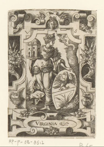 Virginia met wapenschild in rolwerk omlijsting by Unknown, print, 1524-1562