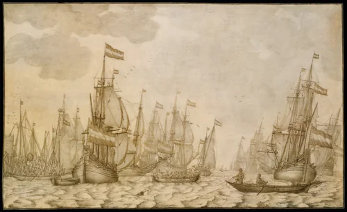 Dutch Ships on a Harbour by Willem van de Velde, drawing, 1620-1693