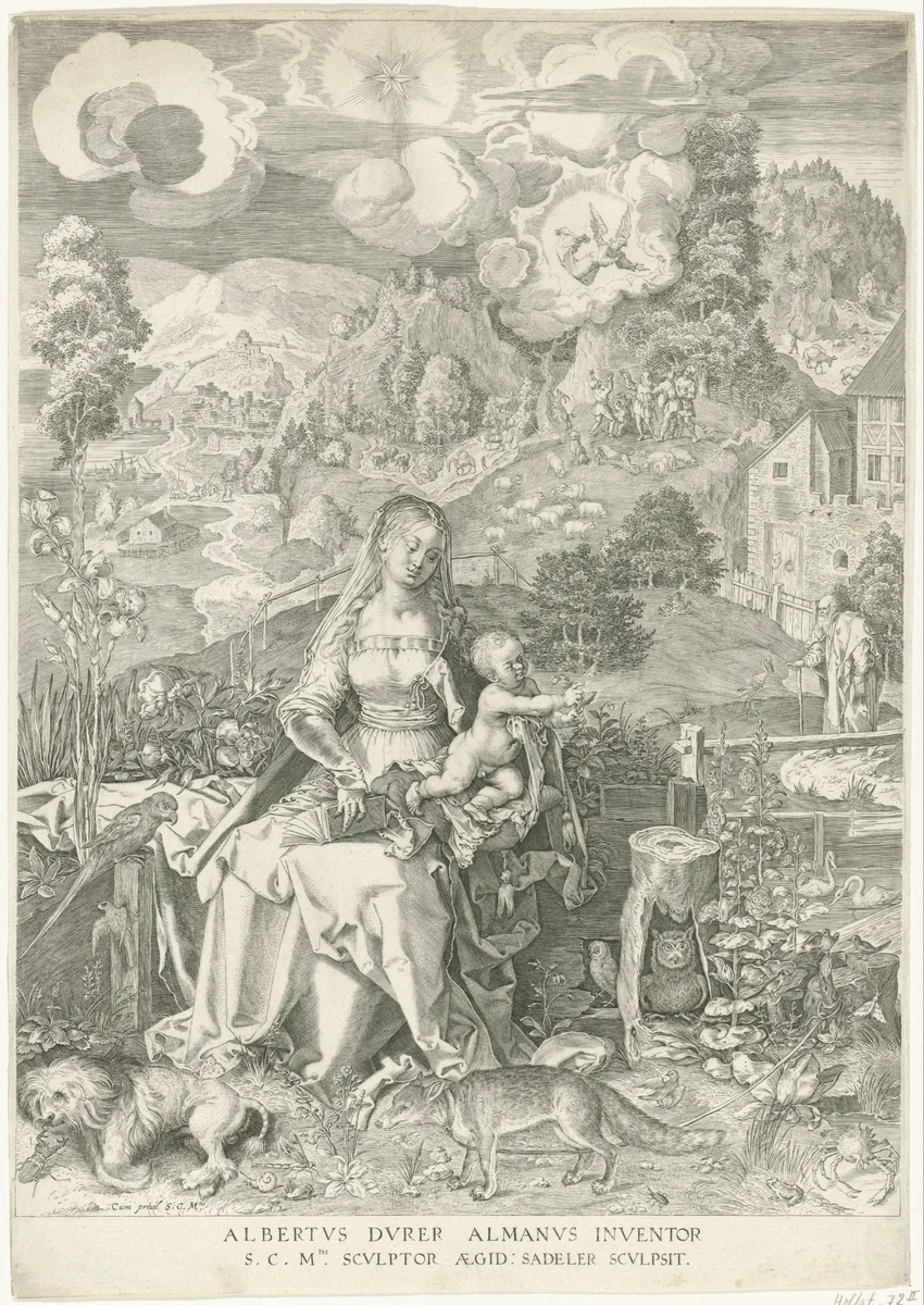 Maria met kind in een landschap by Unknown, print, 1580-1629